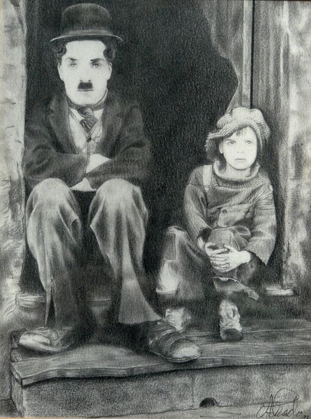 Chaplin and the kid, pencil on paper